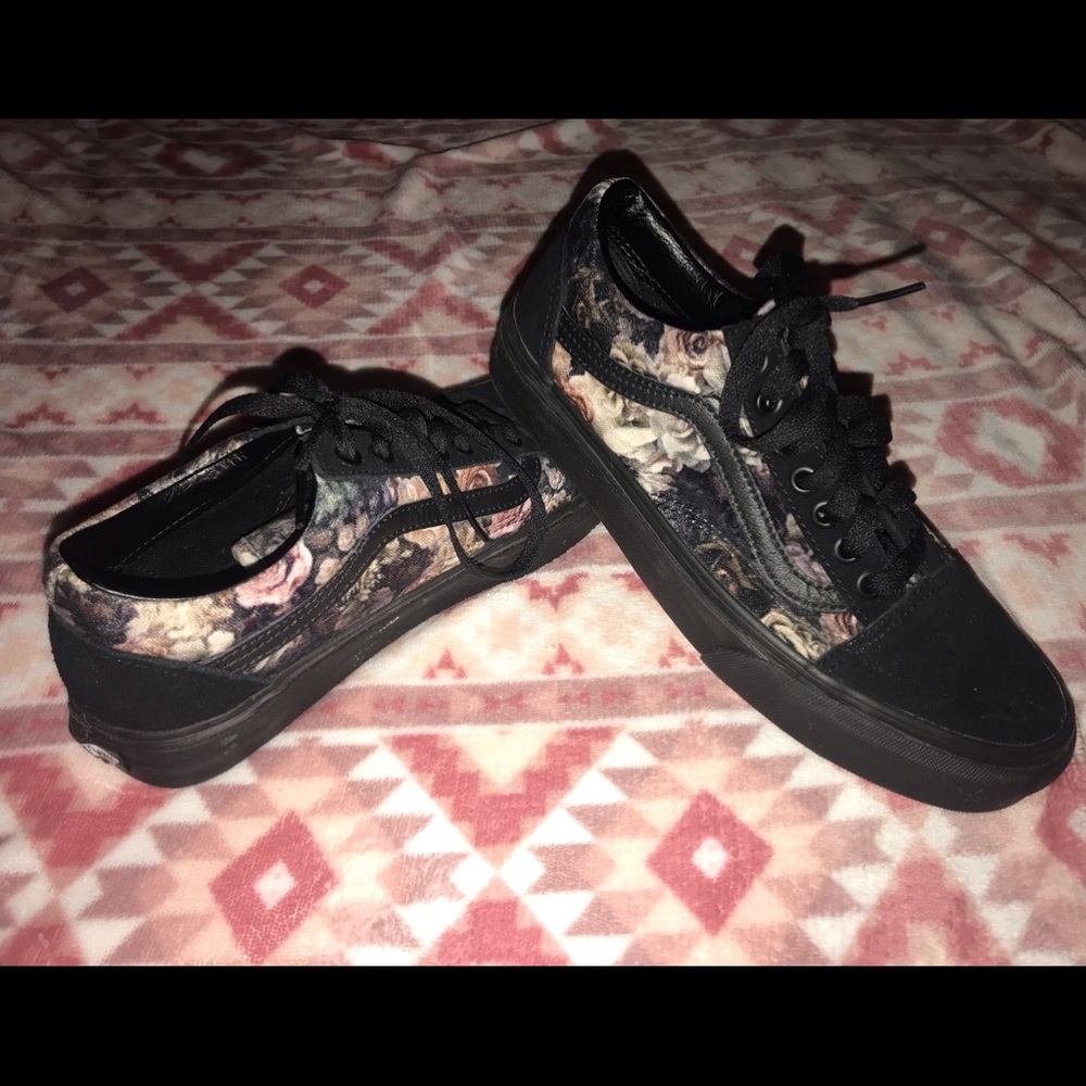 Black floral velvet vans